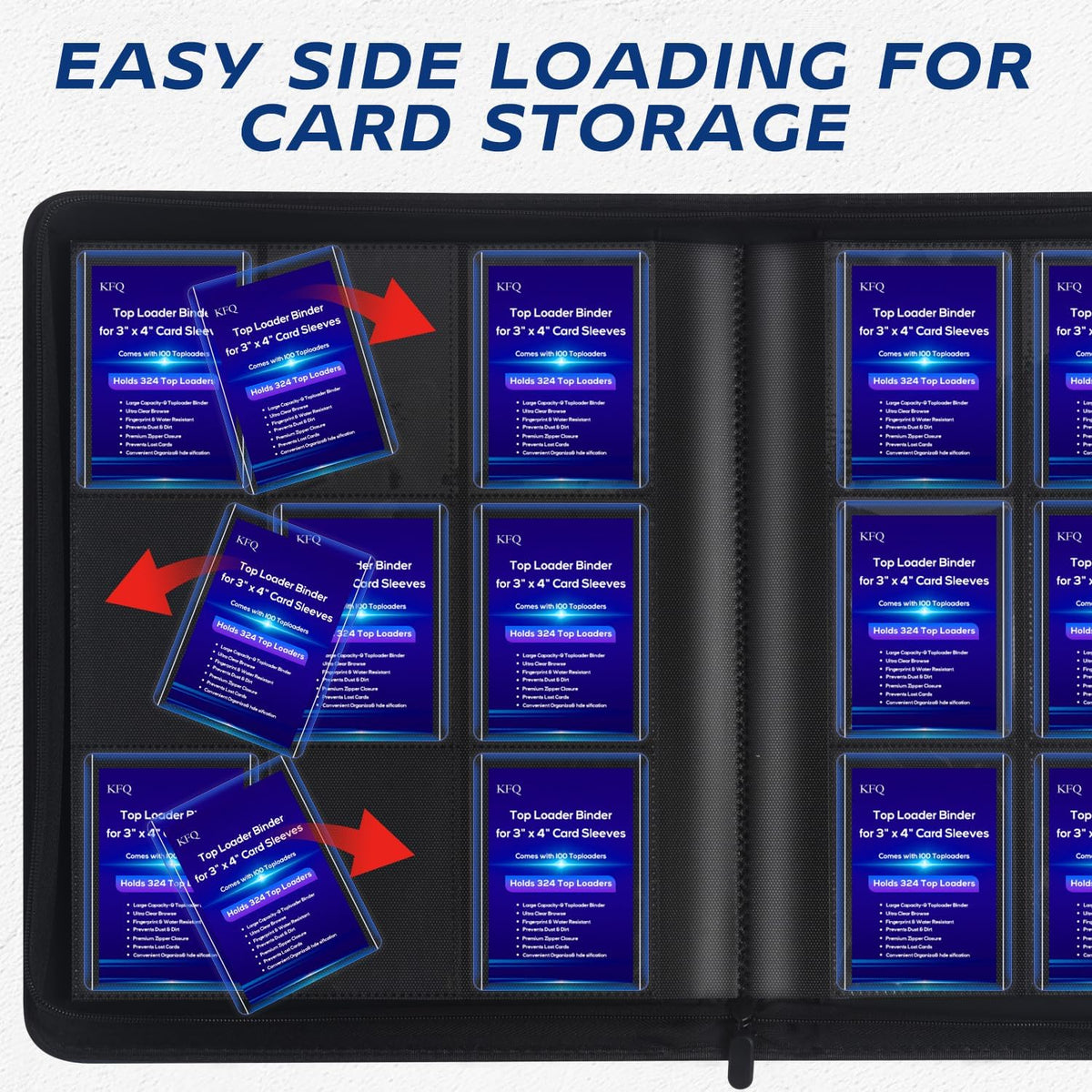 Toploader Binder Holds 324 Toploader, 100 Toploaders Included, 9-Pocket PU Cover Top Loader Binder for 3" X 4" Rigid Toploaders, Ringless Double-Sided Card Binder for TCG, Sports Cards (Black)