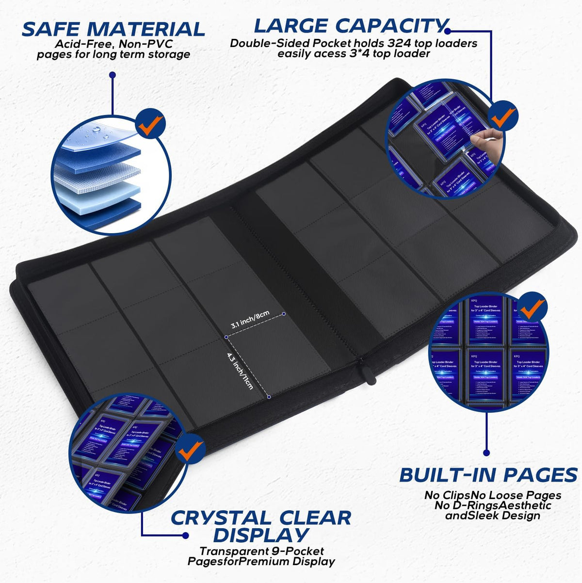 Toploader Binder Holds 324 Toploader, 100 Toploaders Included, 9-Pocket PU Cover Top Loader Binder for 3" X 4" Rigid Toploaders, Ringless Double-Sided Card Binder for TCG, Sports Cards (Black)